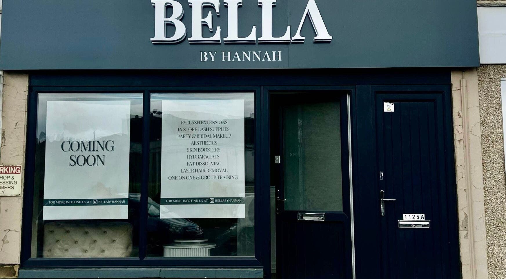 Front view of Bella by Hannah, a beauty and wellness venue in Bradford, England, GB, showing a coming soon sign.