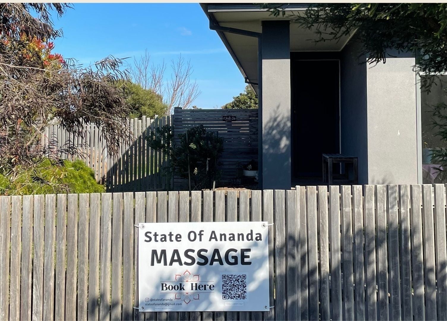 Entrance to State Of Ananda - Home Massage Studio, Torquay, Victoria, AU, with welcoming fence signage.