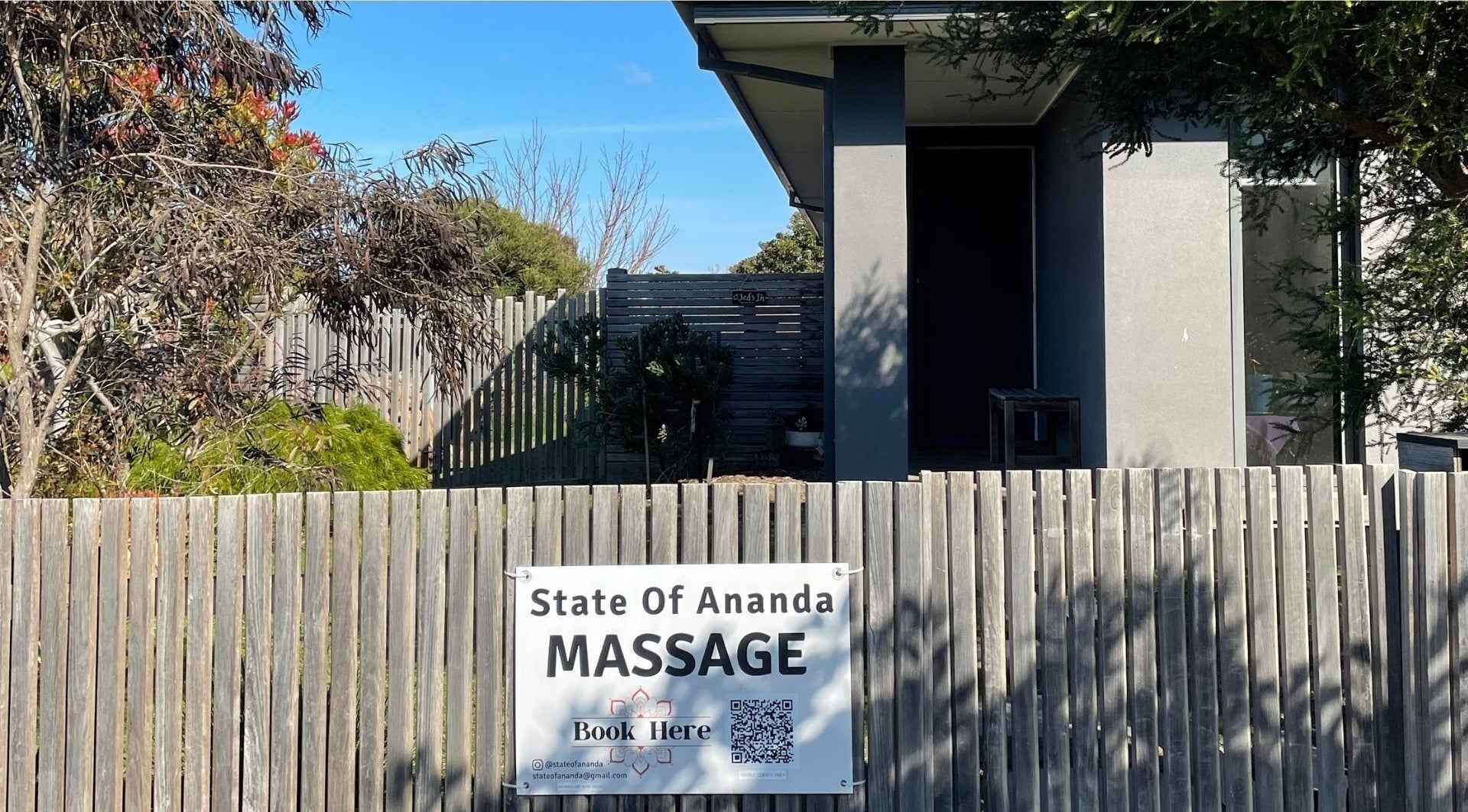 Entrance to State Of Ananda - Home Massage Studio, Torquay, Victoria, AU, with welcoming fence signage.