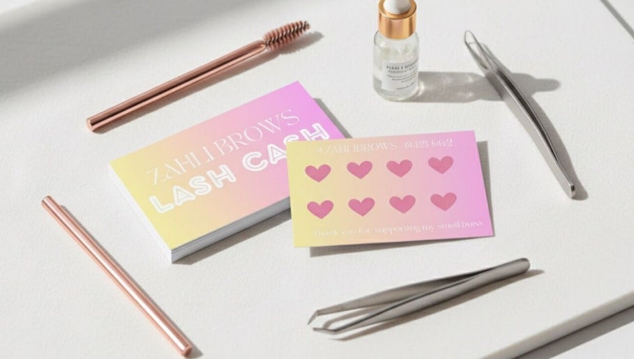 Zahli Brows marketing materials and tools on a white surface in Palmview, Queensland, AU.