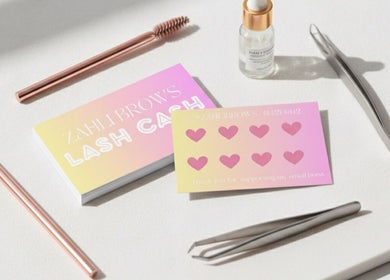 Zahli Brows marketing materials and tools on a white surface in Palmview, Queensland, AU.