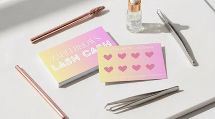 Zahli Brows marketing materials and tools on a white surface in Palmview, Queensland, AU.