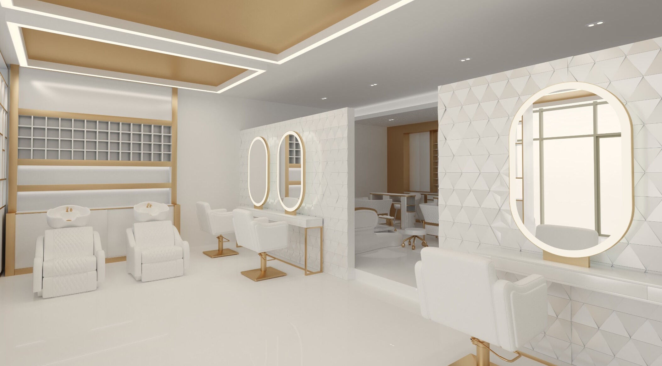 Elegant interior of R Style Salon in Dubai, Dubai, AE, featuring plush white chairs and illuminated mirrors.