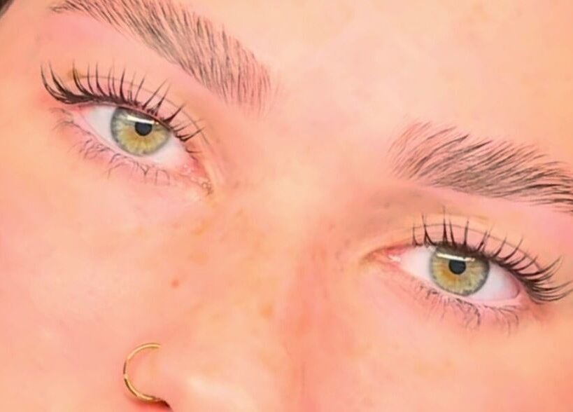 Close-up of expertly detailed eyelashes and eyebrows at All Eyes On U in Melbourne, Victoria, AU.