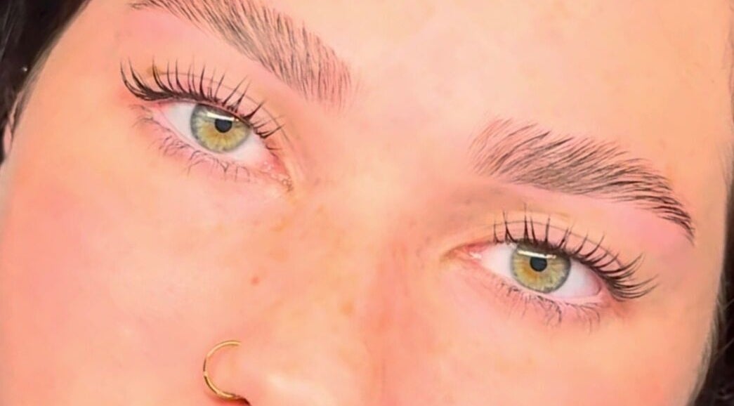 Close-up of expertly detailed eyelashes and eyebrows at All Eyes On U in Melbourne, Victoria, AU.