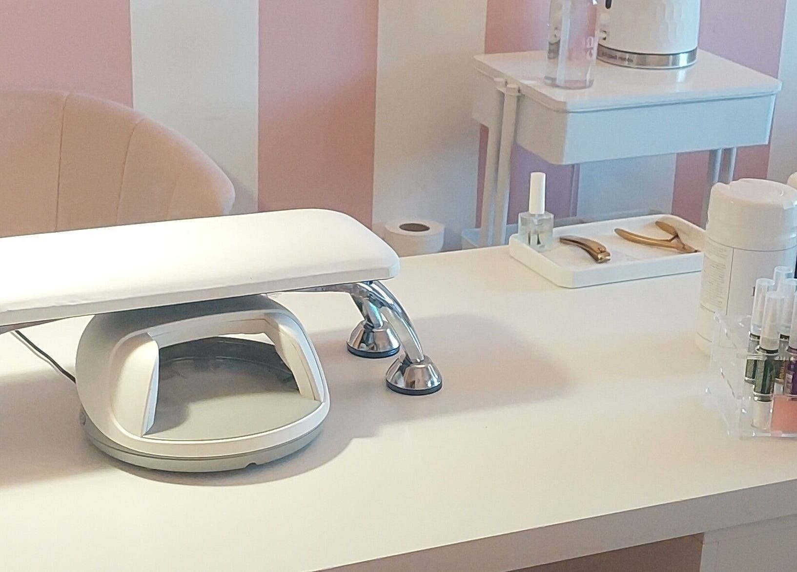Elegant manicure station at Rose & Luxe in Barvas, Scotland, GB, featuring a stylish setup for nail treatments.
