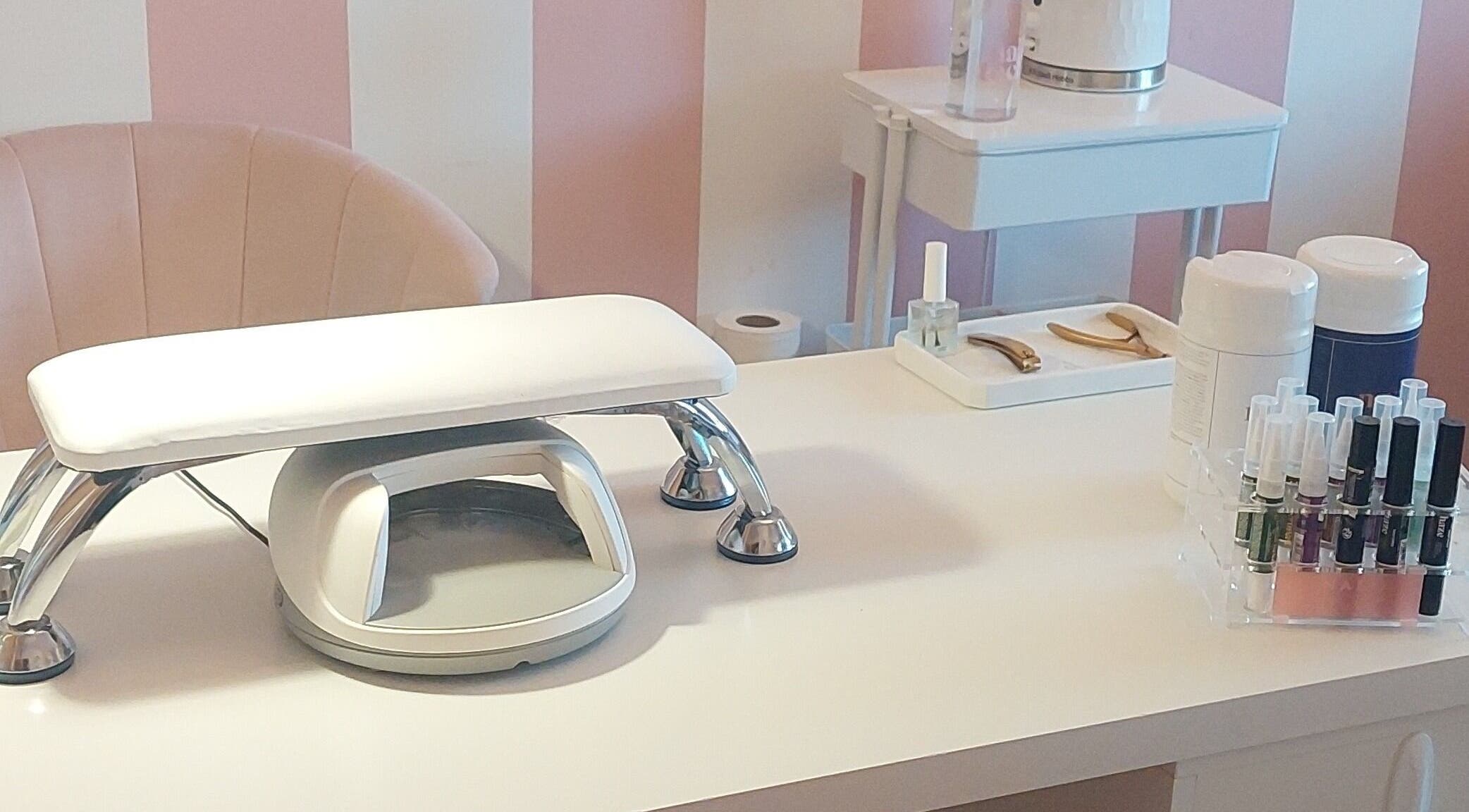 Elegant manicure station at Rose & Luxe in Barvas, Scotland, GB, featuring a stylish setup for nail treatments.