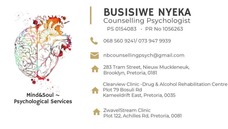 Contact details for Mind&Soul ~ Psychological Services, Pretoria, Gauteng, ZA with creative brain-heart graphic.