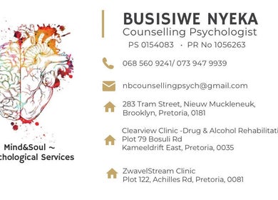 Contact details for Mind&Soul ~ Psychological Services, Pretoria, Gauteng, ZA with creative brain-heart graphic.