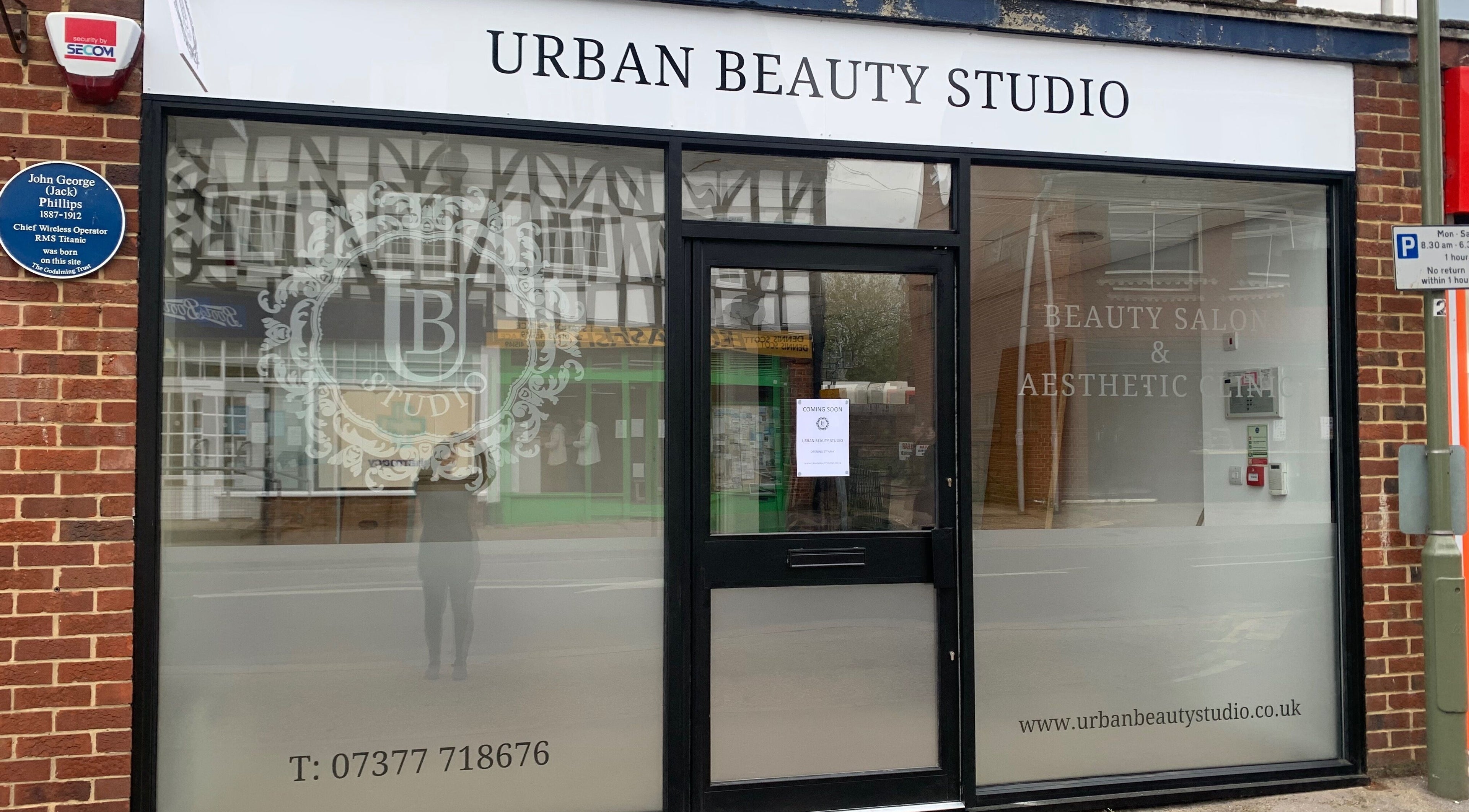 Urban Beauty Studio entrance on a street in Godalming, England, GB.