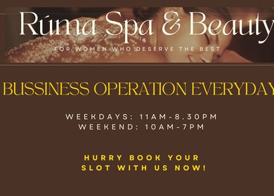 RUMA SPA & BEAUTY business hours in Shah Alam, Selangor, MY. Open weekdays 11AM-8:30PM, weekends 10AM-7PM.
