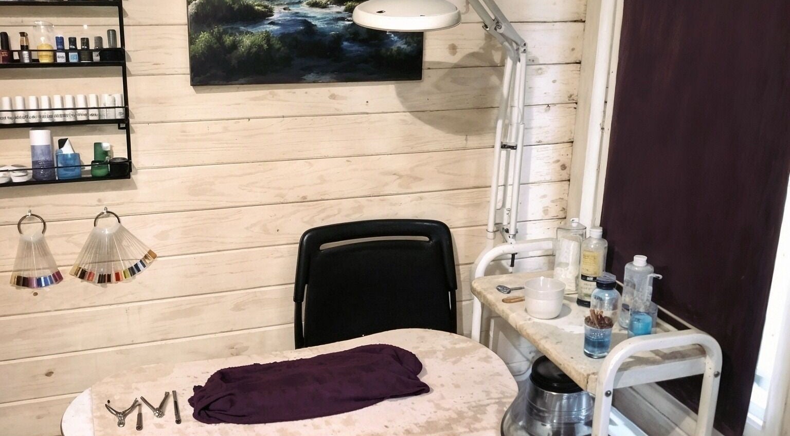 Beauty table setup at Nat-Rural Retreat, Vigo, England, GB with supplies and serene decor.