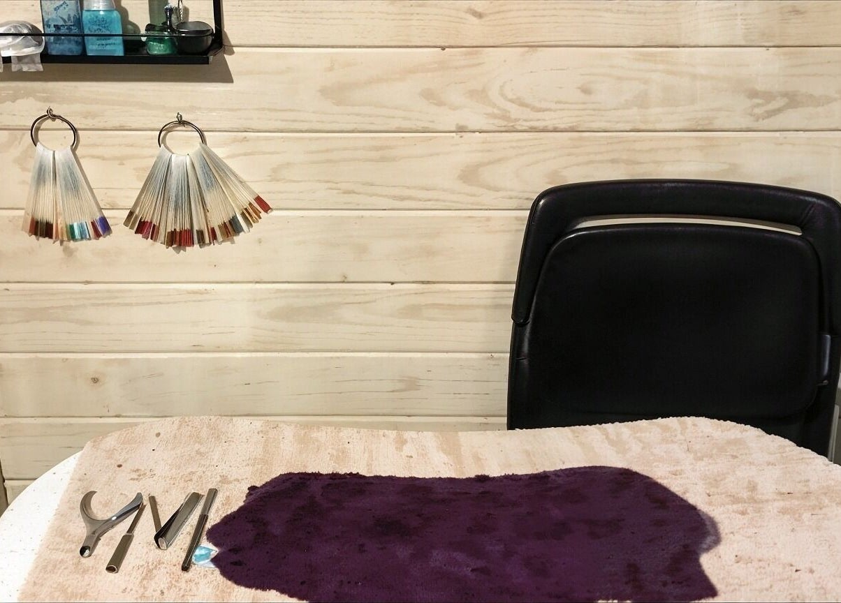 Nail art tools and samples displayed at Nat-Rural Retreat, Vigo, England, GB.