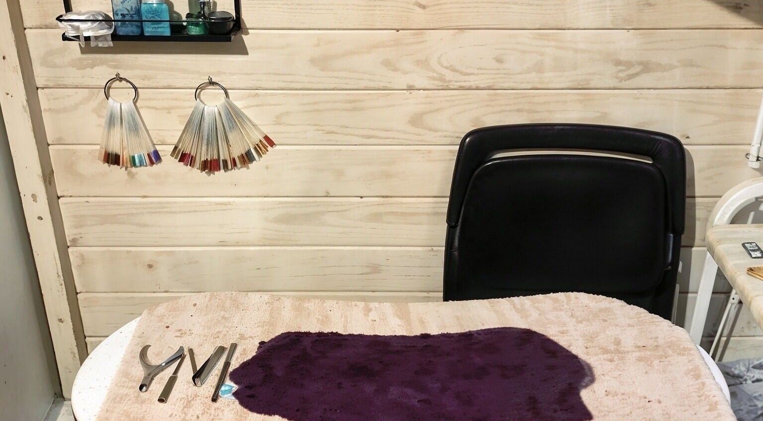 Nail art tools and samples displayed at Nat-Rural Retreat, Vigo, England, GB.