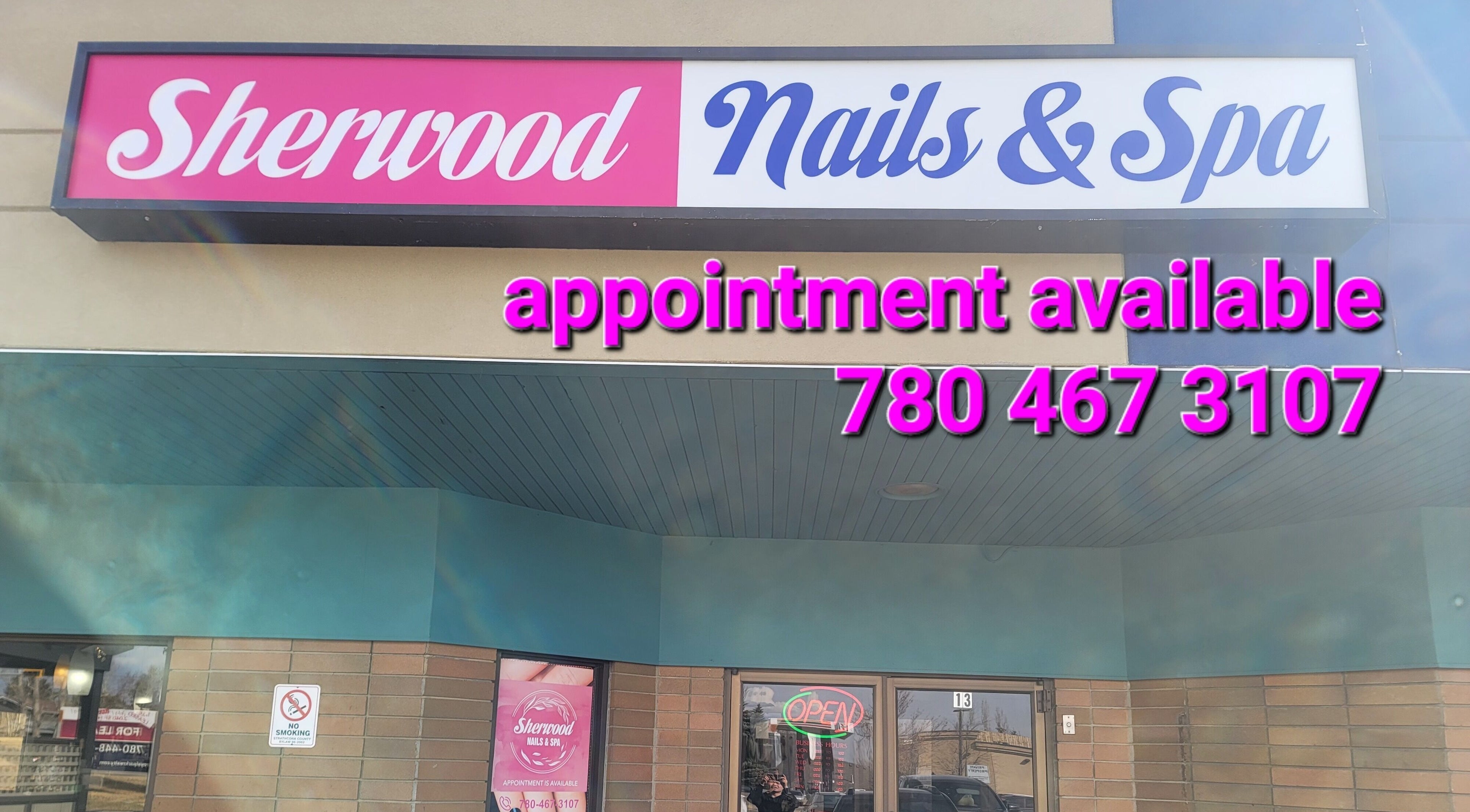 Sherwood Nails and Spa entrance in Sherwood Park, Alberta, CA with appointment details.