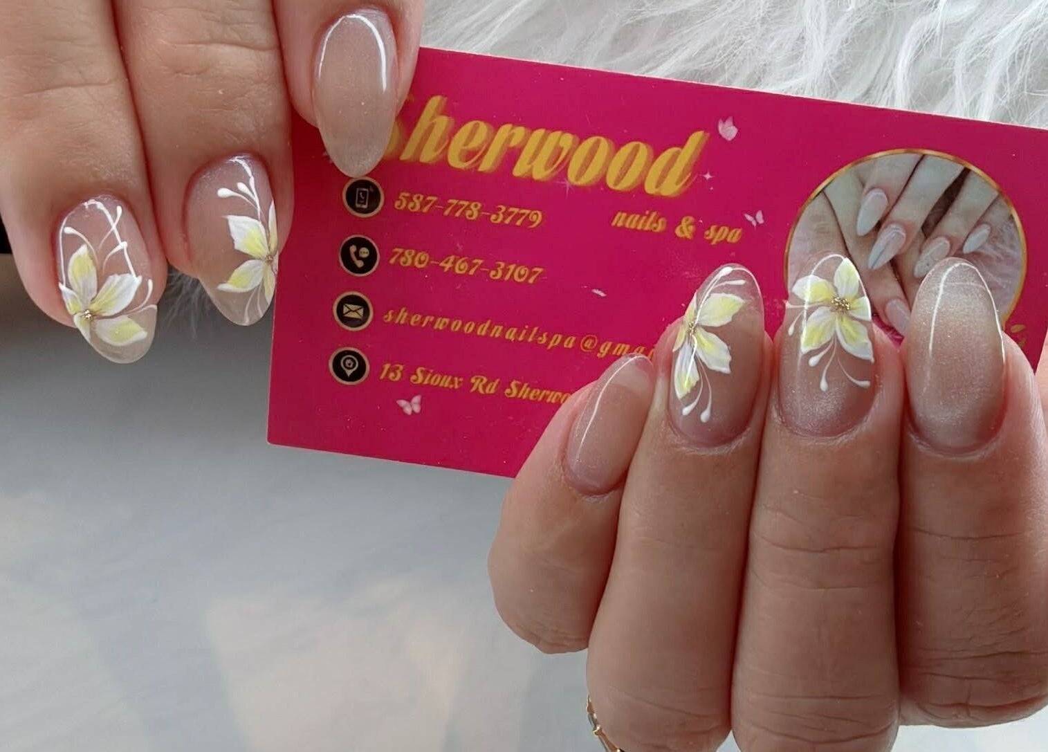 Elegant floral nail art at Sherwood Nails and Spa, Sherwood Park, Alberta, CA. Enhance your beauty today.