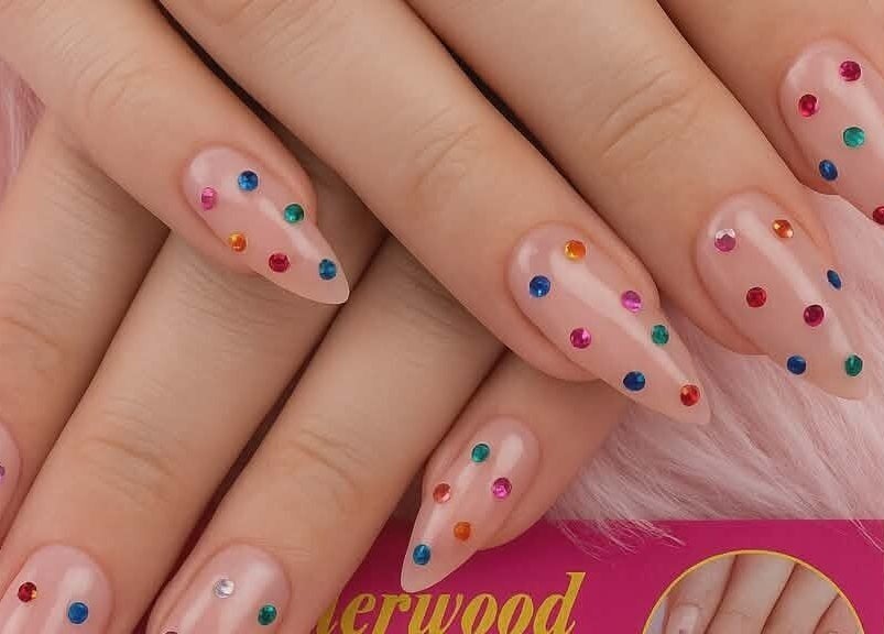 Colorful dotted nails at Sherwood Nails and Spa in Sherwood Park, Alberta, CA.