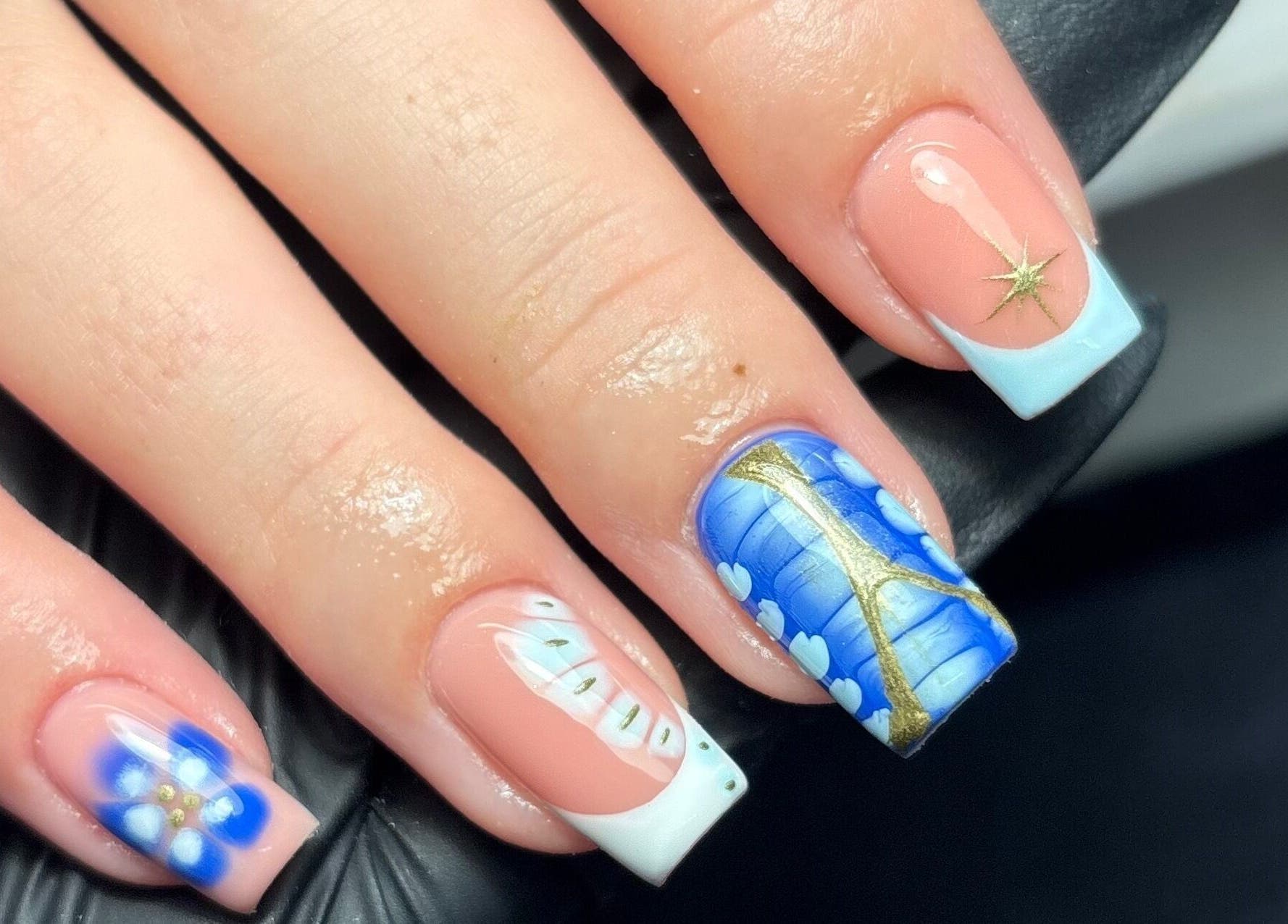 Intricate blue and pink nail art at Gels by Grace, Sunderland, England, GB. Unique and beautiful nail designs.