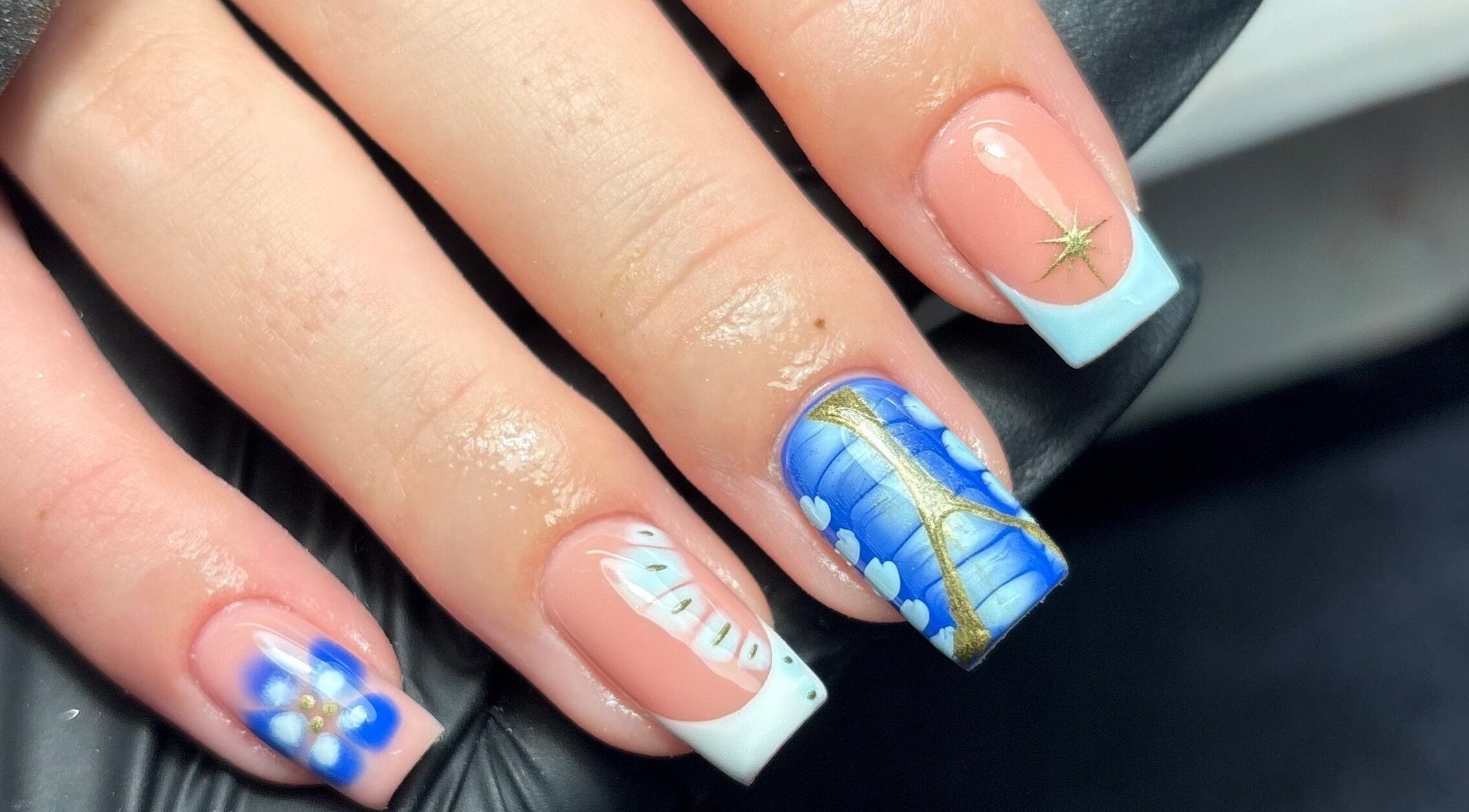 Intricate blue and pink nail art at Gels by Grace, Sunderland, England, GB. Unique and beautiful nail designs.