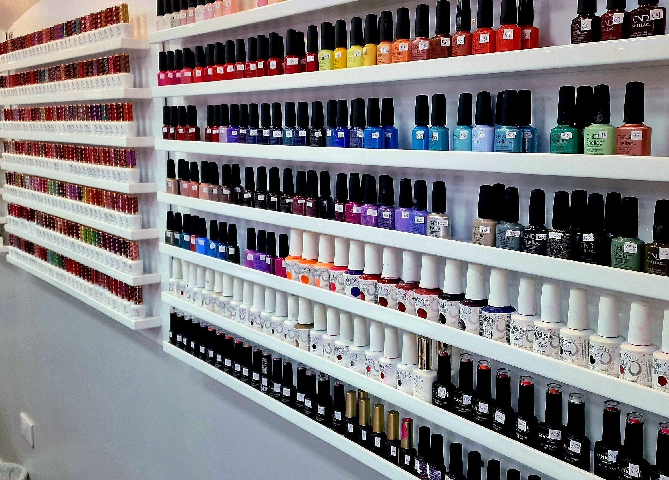 Colorful nail polish display at Kim.V Nails, Celbridge, County Kildare, IE showcasing diverse hues.
