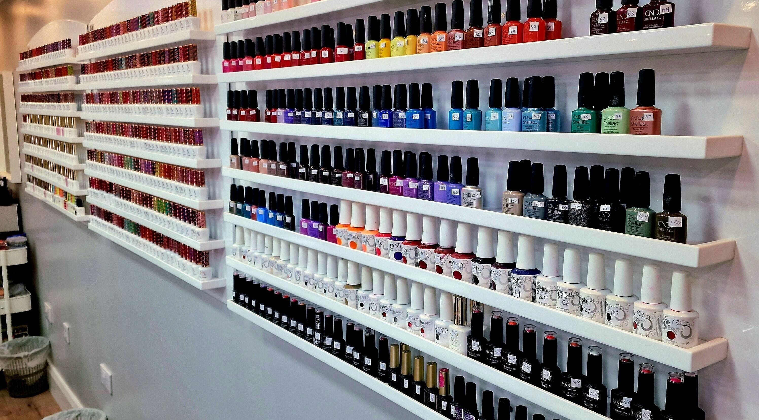 Colorful nail polish display at Kim.V Nails, Celbridge, County Kildare, IE showcasing diverse hues.