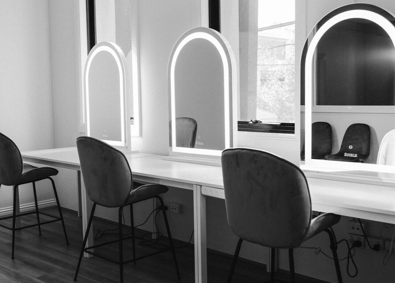 Elegant salon mirrors at Spring Racing Carnival Bookings - PRAHRAN, Prahran, Victoria, AU. Modern beauty setup.