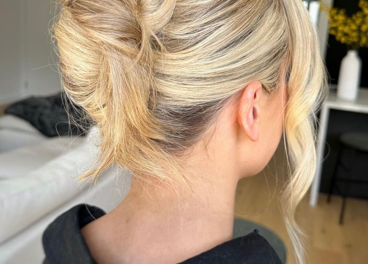 Elegant blonde updo hairstyle at Spring Racing Carnival Bookings - PRAHRAN, Prahran, Victoria, AU.