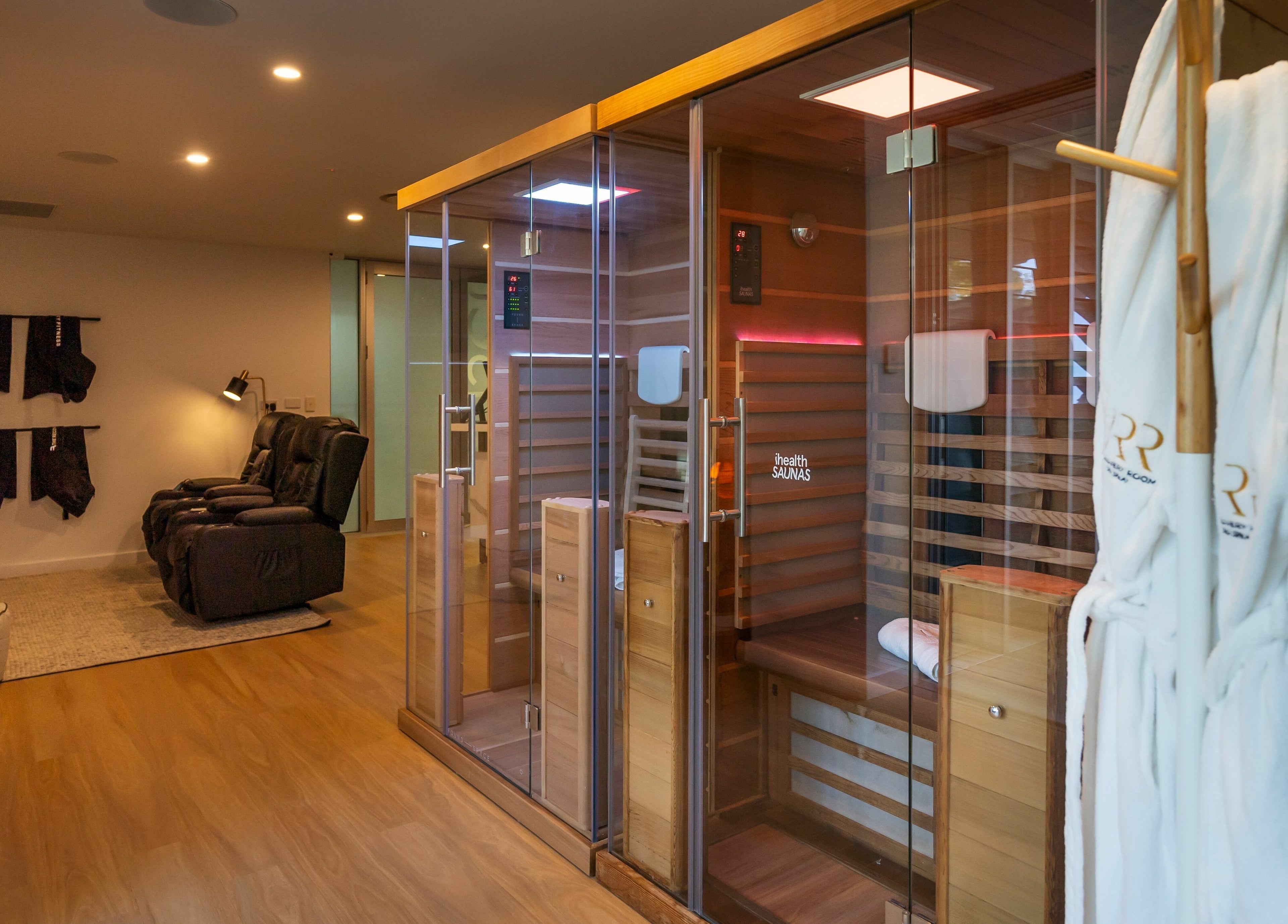 Luxurious sauna and relaxation area at Recovery Room Seaspray in Zilzie, Queensland, AU.