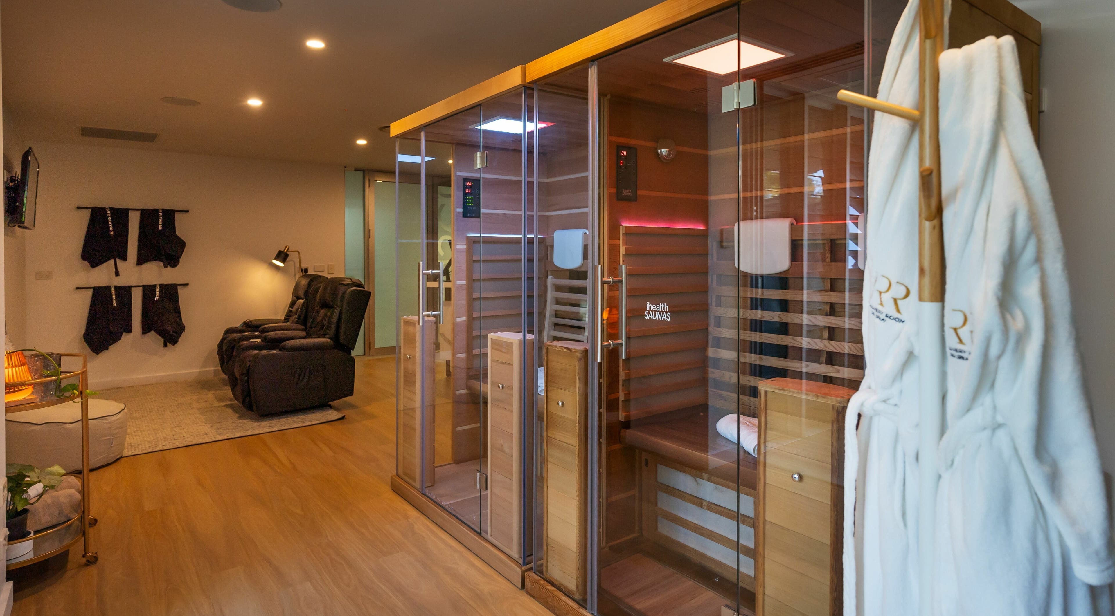 Luxurious sauna and relaxation area at Recovery Room Seaspray in Zilzie, Queensland, AU.