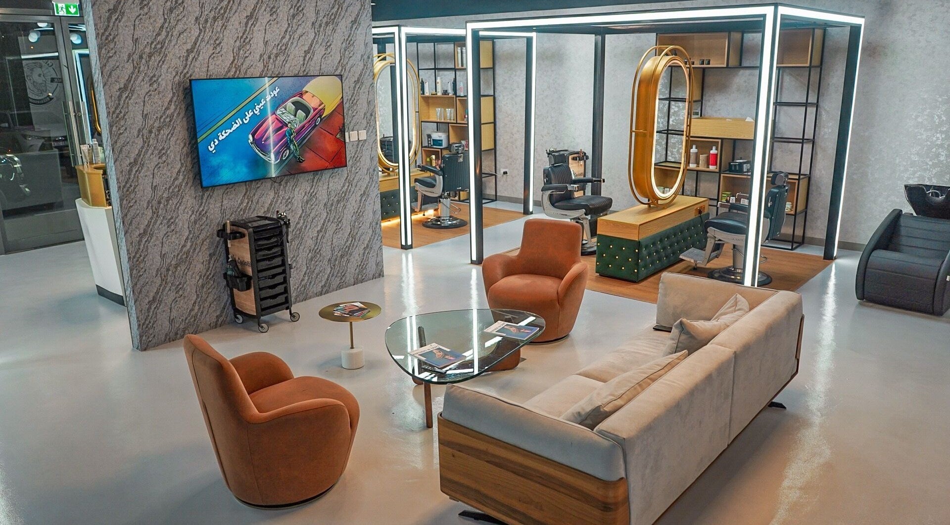 Modern salon interior at Mr One Salon and Spa, Dubai, Dubai, AE featuring plush seating and stylish decor.