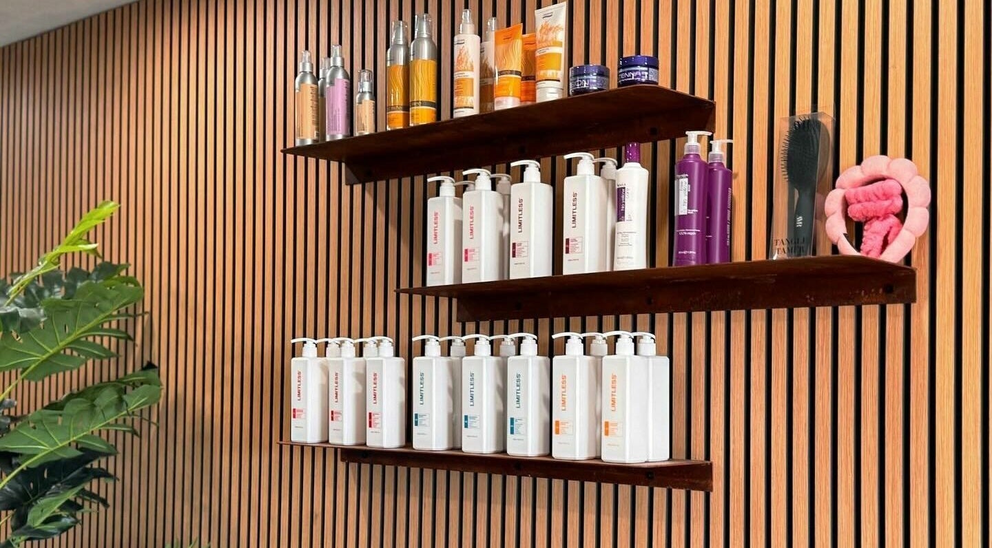 Shelf with beauty products at Outback Hair & Beauty Goulburn in Goulburn, New South Wales, AU.