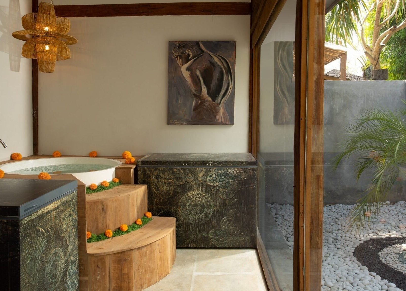Luxurious bath area with natural decor at Heiwa Spa, Bali, Bali, ID. Perfect for relaxation amidst tranquility.