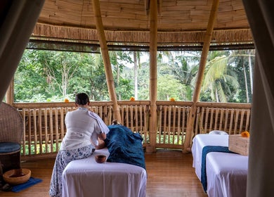 Outdoor massage at Flying Bamboo Spa, Bali. Luxurious bamboo setting in the heart of Bali, Bali, ID.