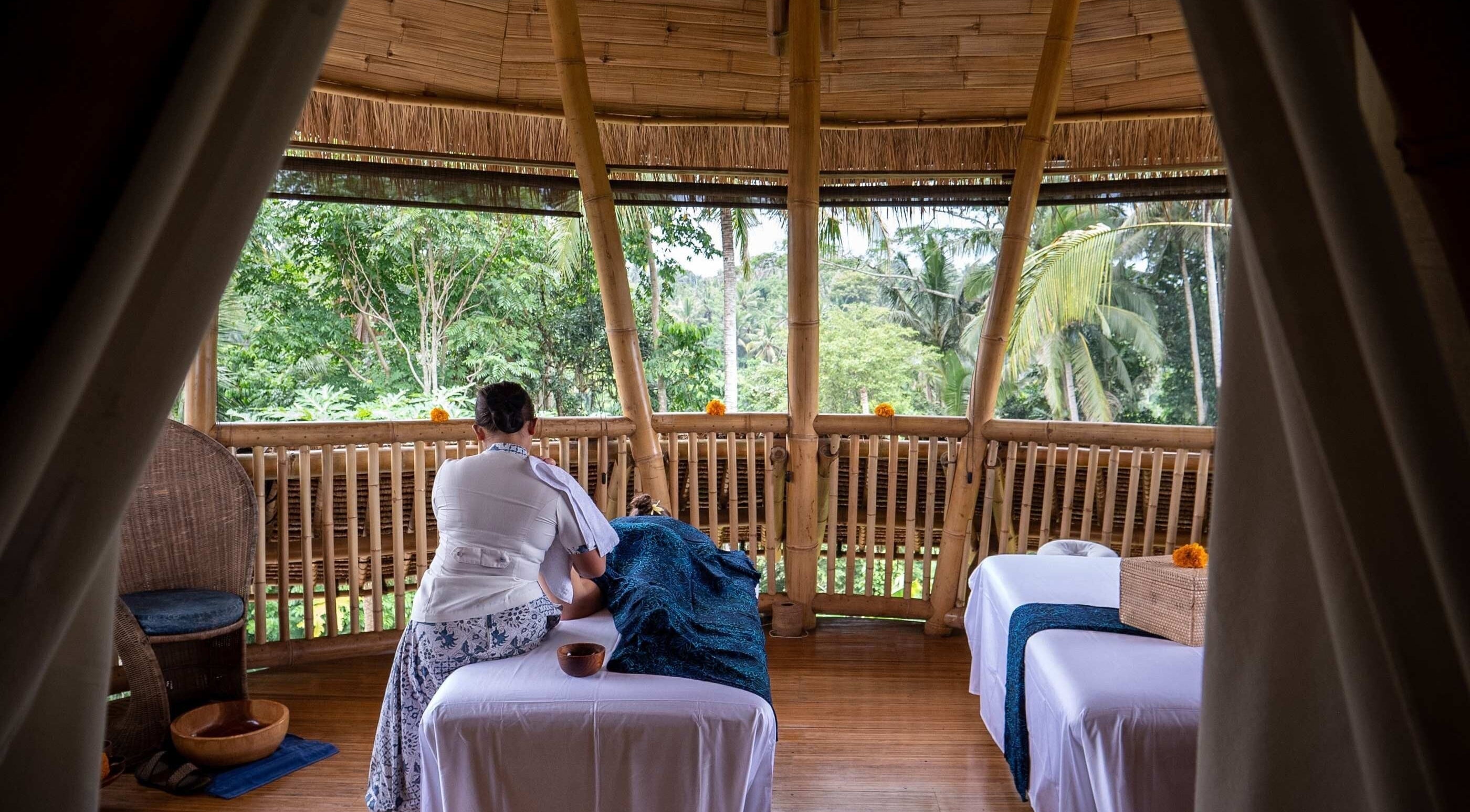 Outdoor massage at Flying Bamboo Spa, Bali. Luxurious bamboo setting in the heart of Bali, Bali, ID.