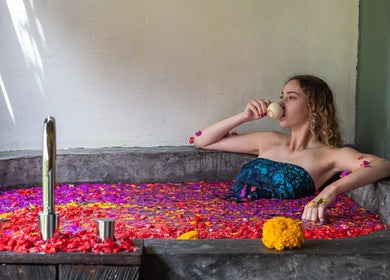Relaxing flower bath at Flying Bamboo Spa, Bali, Bali, ID. Experience tranquility and luxury.