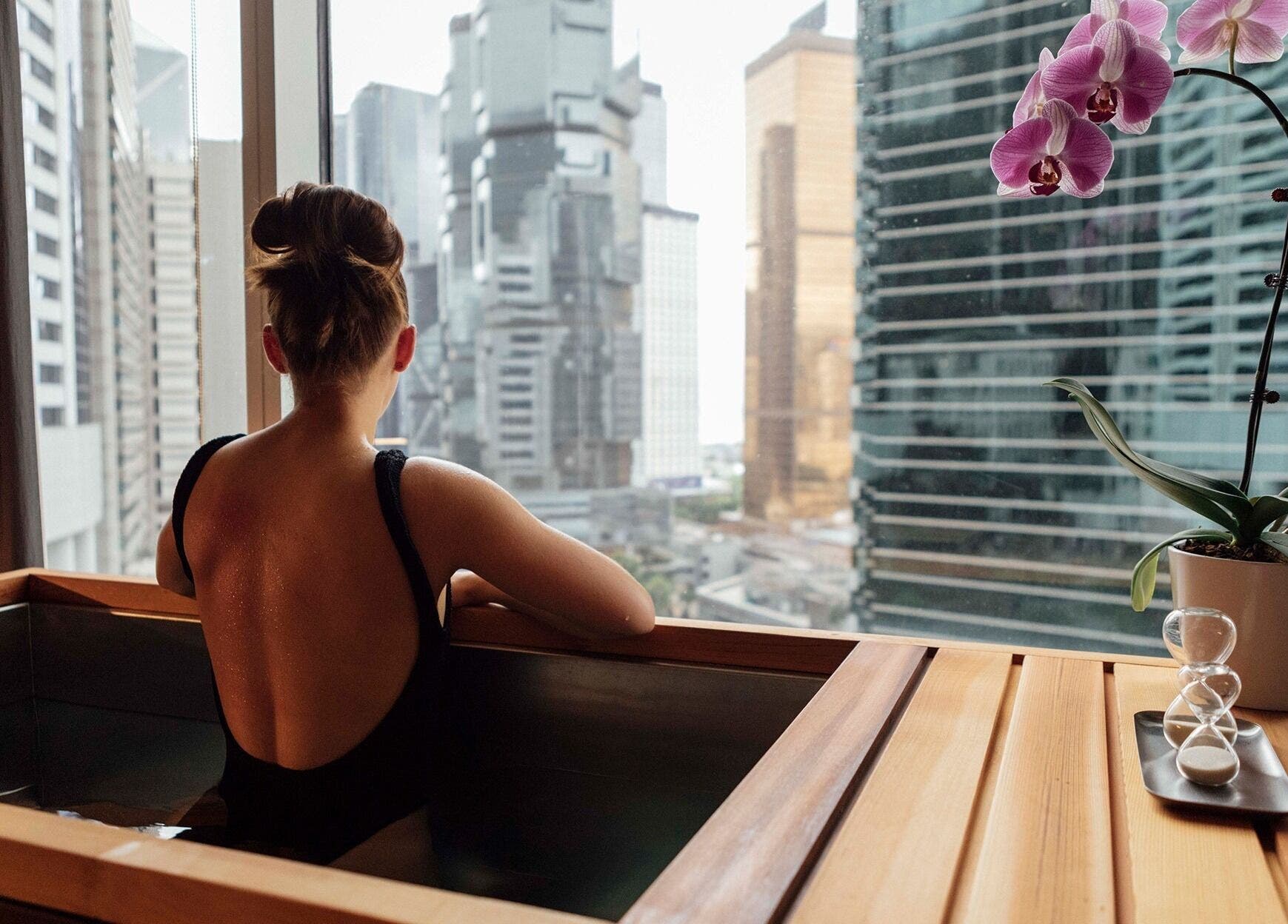 Relaxing soak at 10x Longevity with a view of Hong Kong Island skyline, HK.