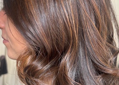 Elegant brunette waves styled at Studio Nine with Louise McEwan, Newport, England, GB.
