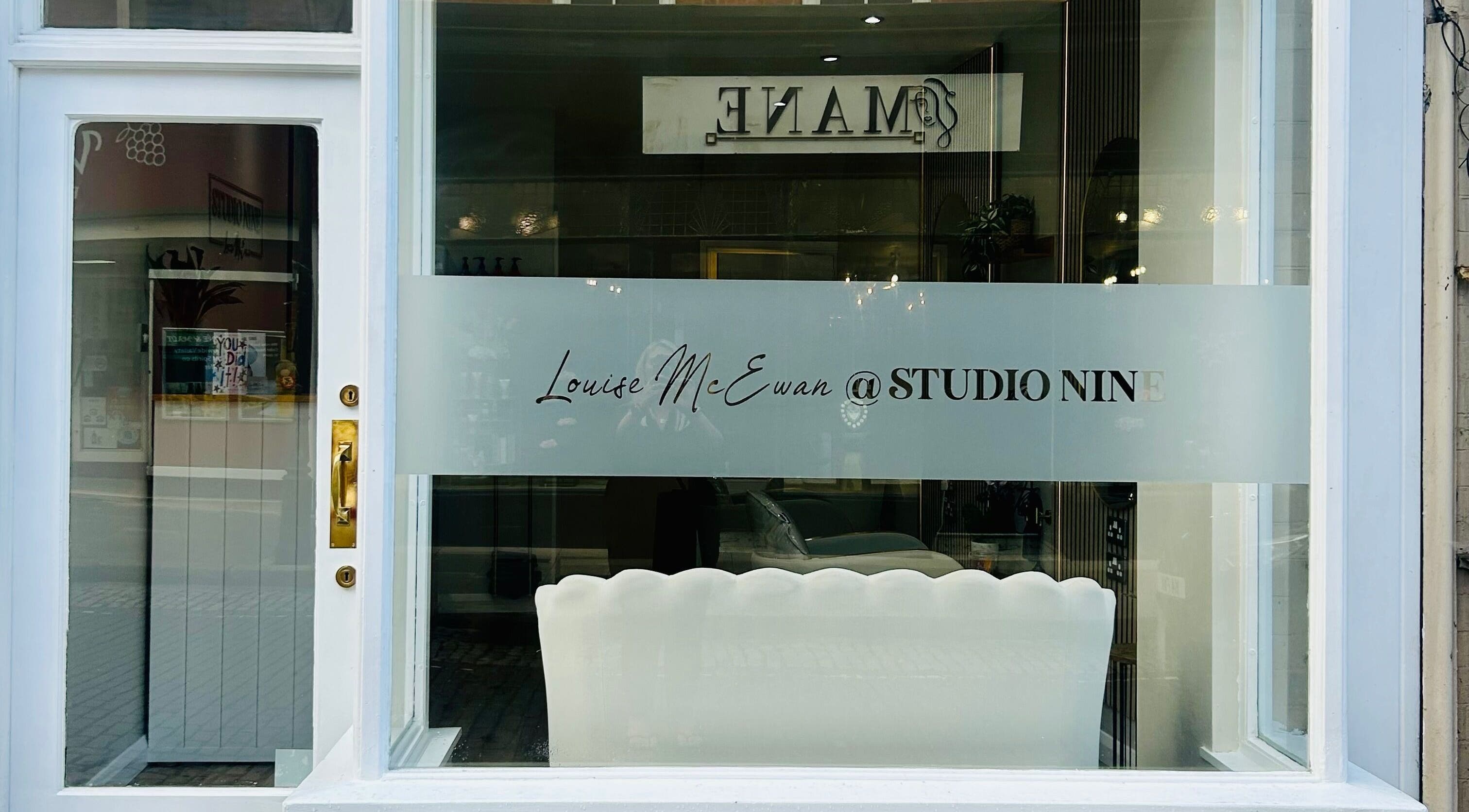 Exterior of Studio Nine with Louise McEwan in Newport, England, showing stylish window signage.
