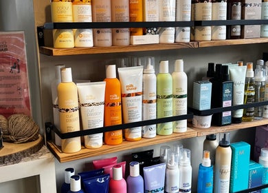 Diverse hair products on display at Polgooth Village Salon in Polgooth, England, GB.