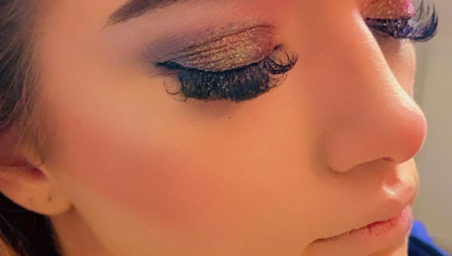 Close-up of glittery eye makeup at Ruby’s Beauty Room, Birmingham, England, GB.
