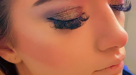 Close-up of glittery eye makeup at Ruby’s Beauty Room, Birmingham, England, GB.