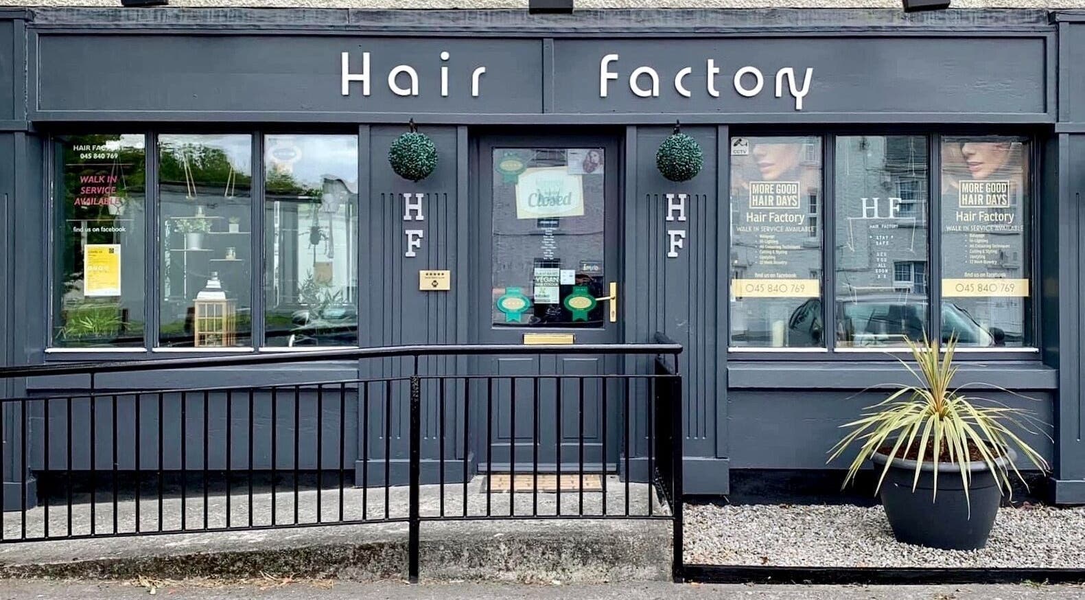 Entrance of Hair Factory in Prosperous, County Kildare, IE with stylish decor and inviting ambiance.