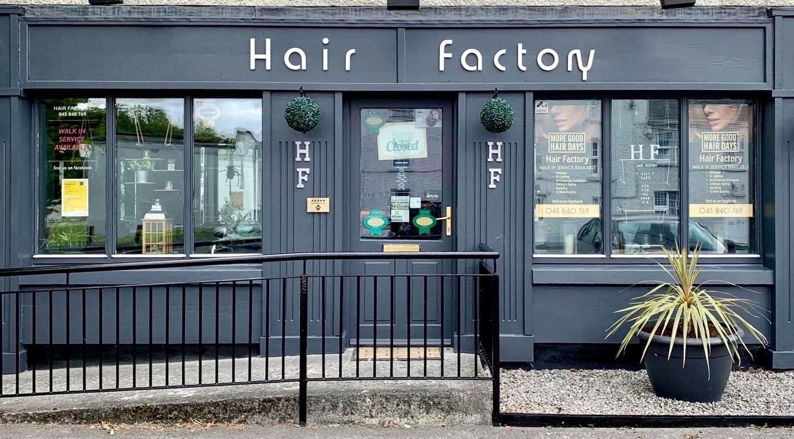 Entrance of Hair Factory in Prosperous, County Kildare, IE with stylish decor and inviting ambiance.