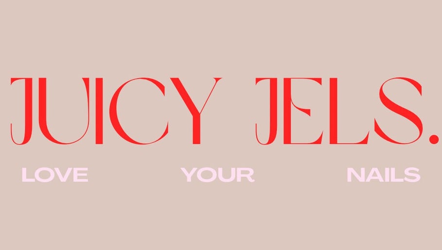 Juicy Jels brand logo, vibrant red text on beige, Melbourne, Victoria, AU.