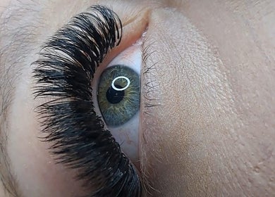 Close-up of eyelash extensions at Sally Mustang Tattoos Cape Town, Western Cape, ZA.