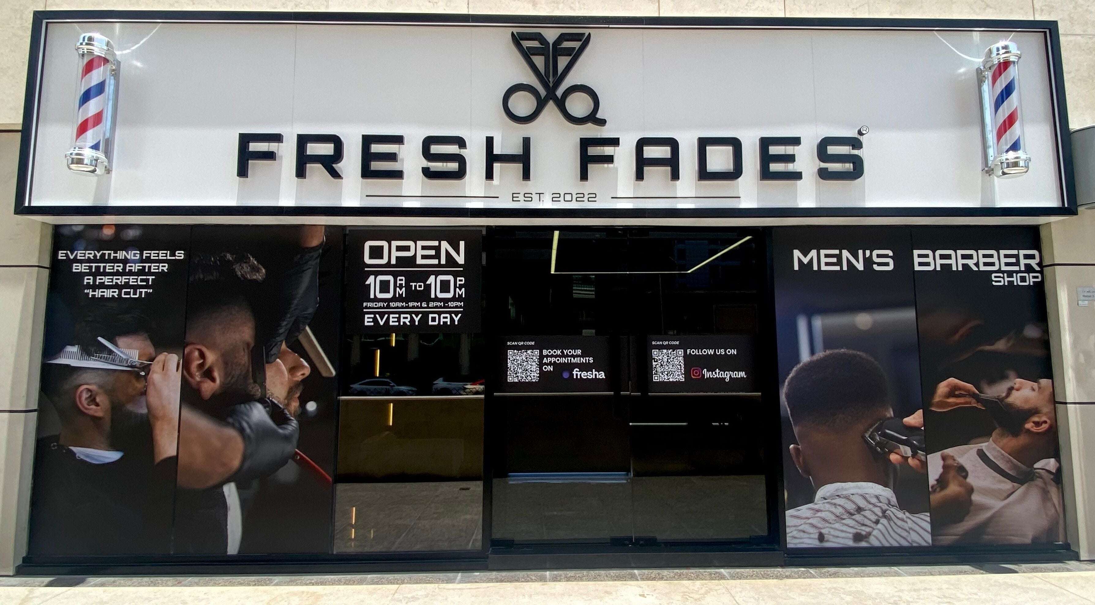 Exterior view of Fresh Fades Mens Barbershop in Dubai, Dubai, AE, showcasing stylish barber signage.