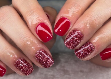 Red and glitter nails at Jessica Bentley Beauty, Brough, England, GB; beauty and style showcase.