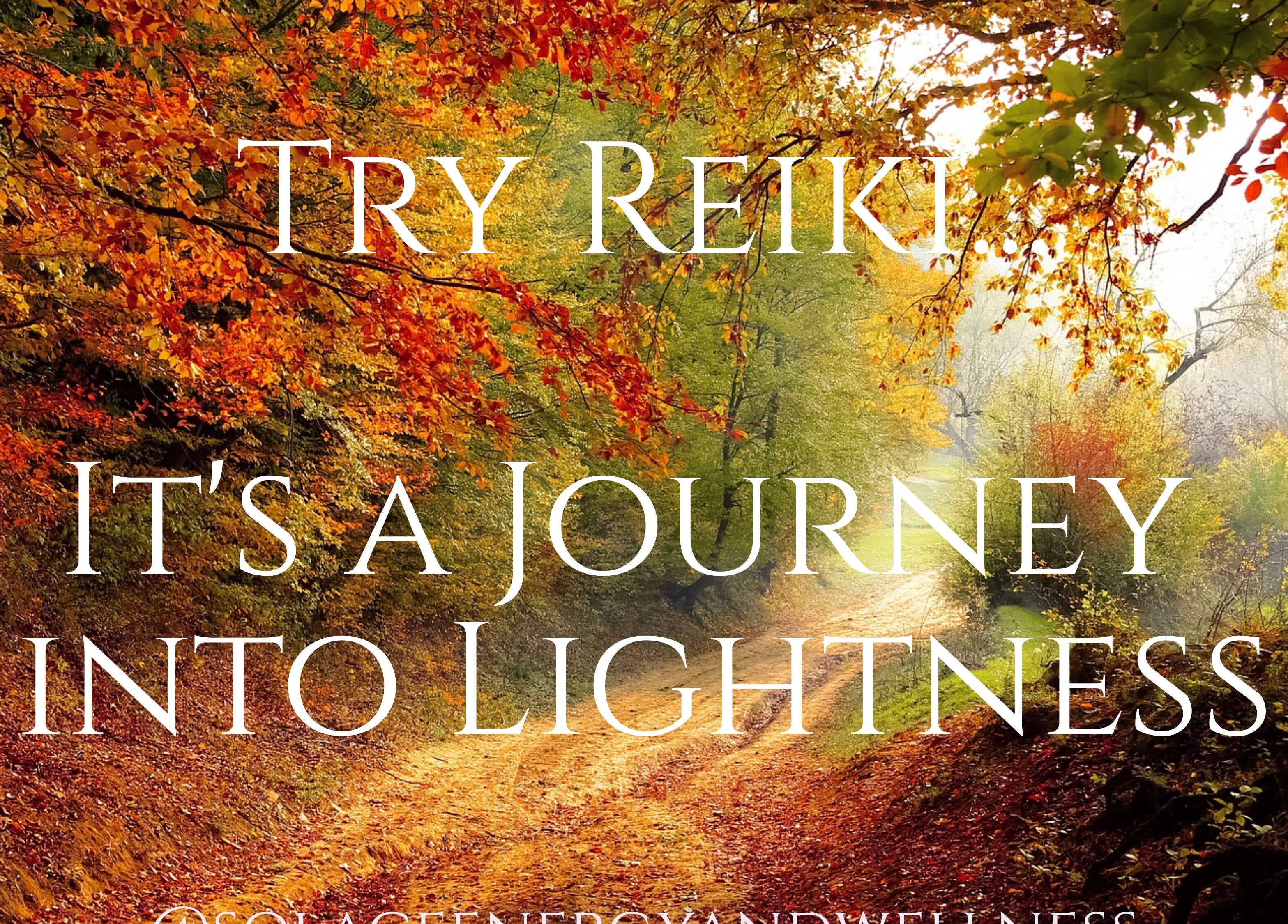 Autumn path with vibrant leaves at SOLACE Reiki, Energy & Wellness, St. Albert, Alberta, CA. Try Reiki for lightness.