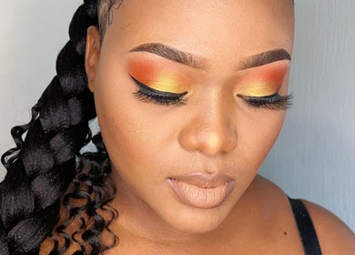 Woman with sunset eye makeup at Glamfair Beauty Bar, Randburg, Gauteng, ZA.