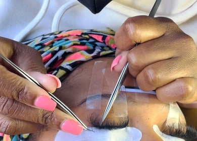 Eyelash extension application at Glamfair Beauty Bar, Randburg, Gauteng, ZA by skilled hands.